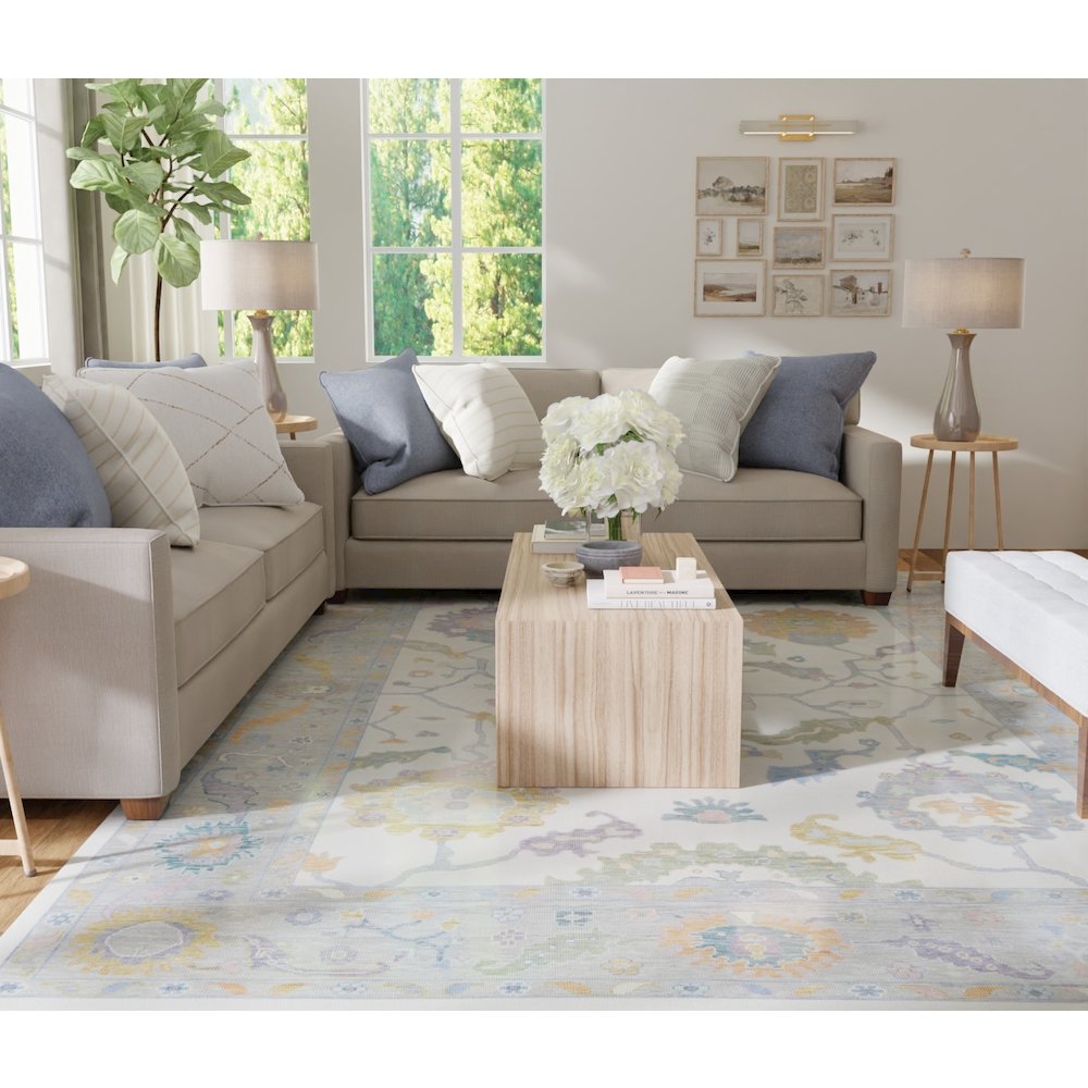 Transitional Floral & Botanical, Ivory/Orange/Blue, 9'-6" x 13'-6" Area Rug. Picture 2