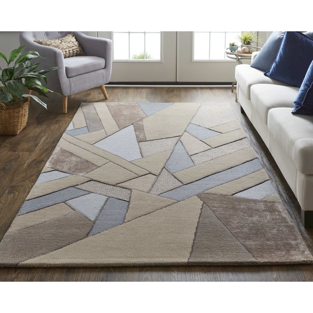 Nash Modern Geometric, Tan/Brown/Blue, 5' x 8' Area Rug. Picture 2