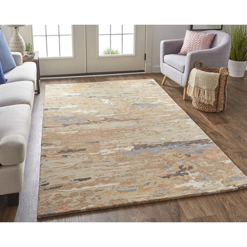 Everley Modern Abstract, Tan/Blue, 5' x 8' Area Rug. Picture 2