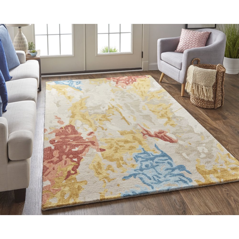 Everley Modern Abstract, Ivory/Yellow/Blue, 4' x 6' Accent Rug. Picture 2