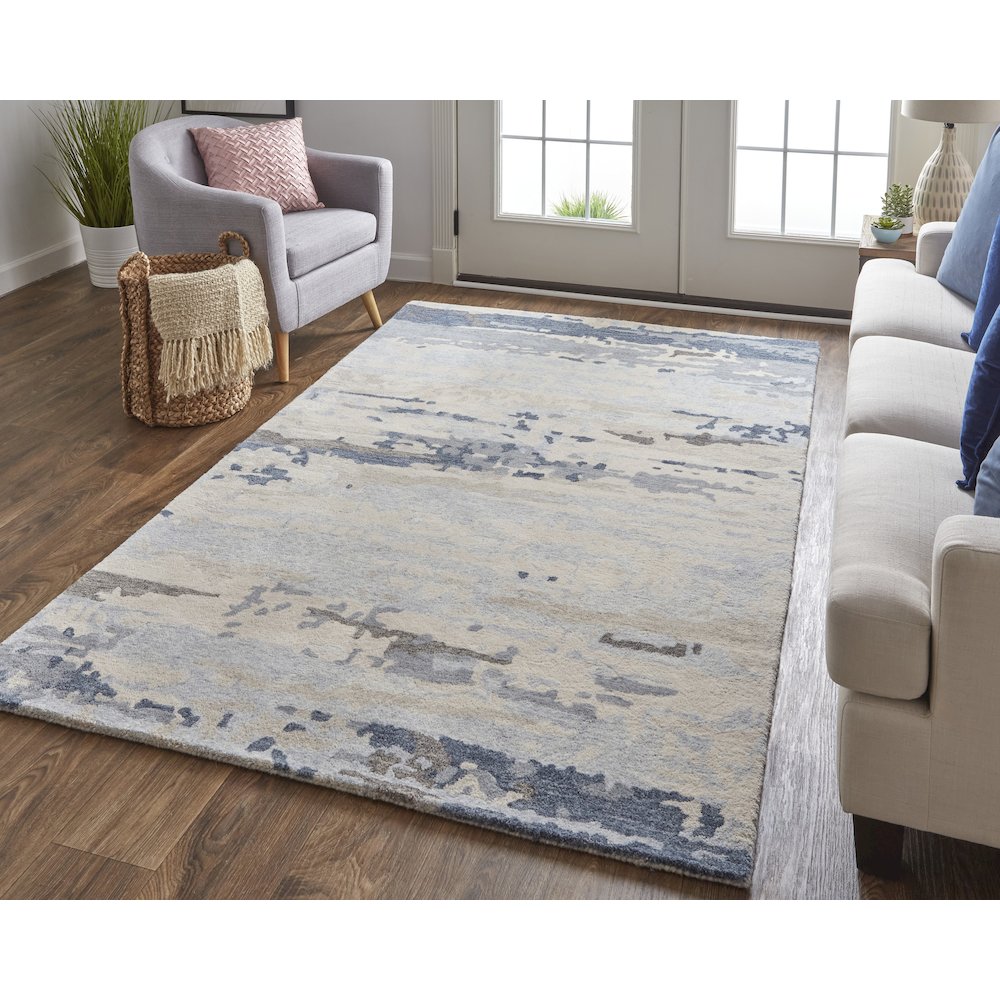Everley Modern Abstract, Blue/Gray/Ivory, 5' x 8' Area Rug. Picture 2
