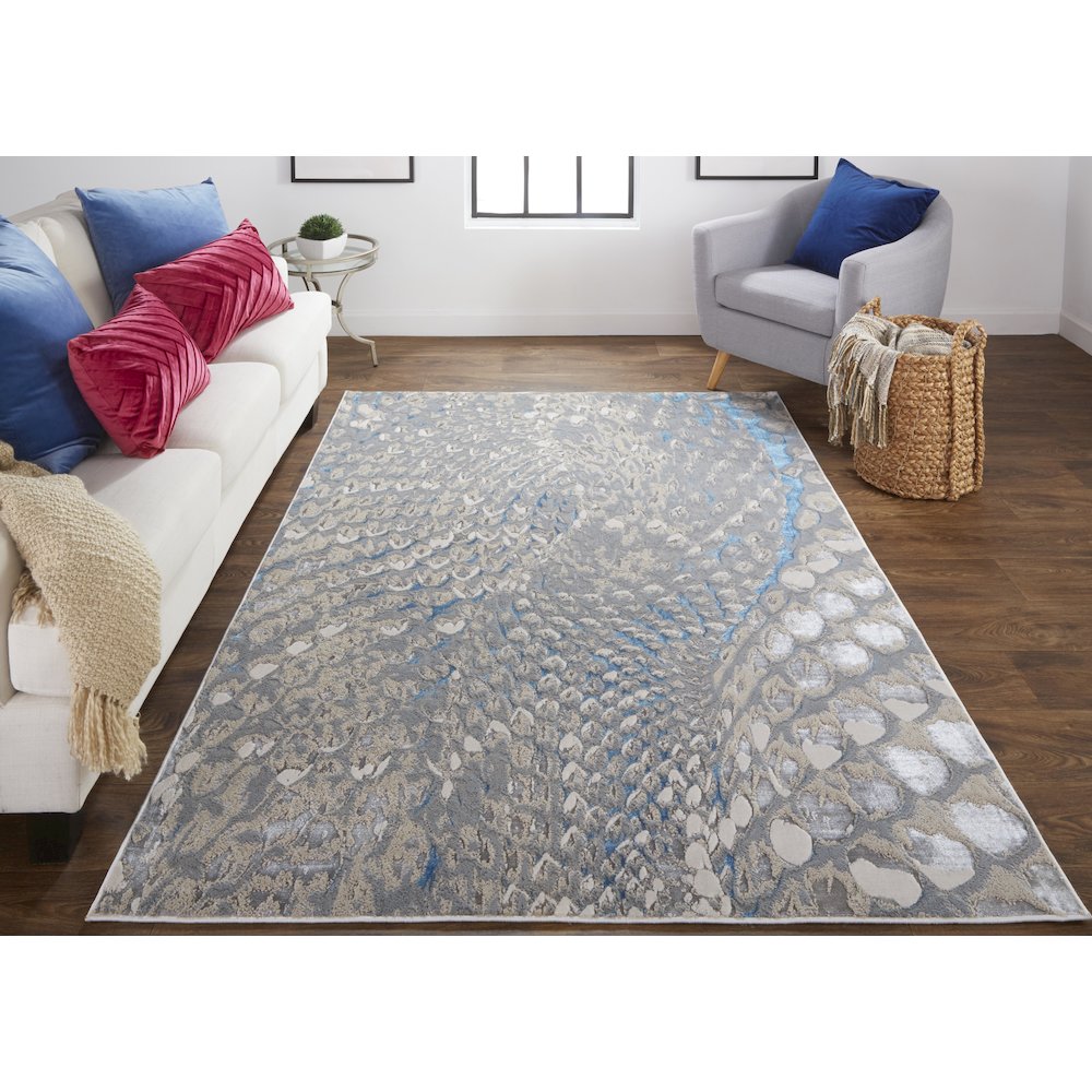 Azure Modern Abstract, Blue/Silver/Gray, 9'-2" x 12' Area Rug. Picture 2
