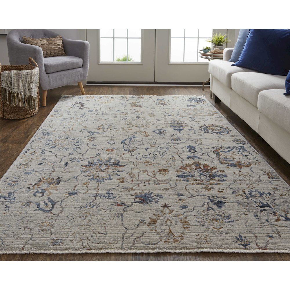 Kaia Transitional Floral & Botanical, Ivory/Orange/Blue, 7'-10" x 9'-6" Area Rug. Picture 2