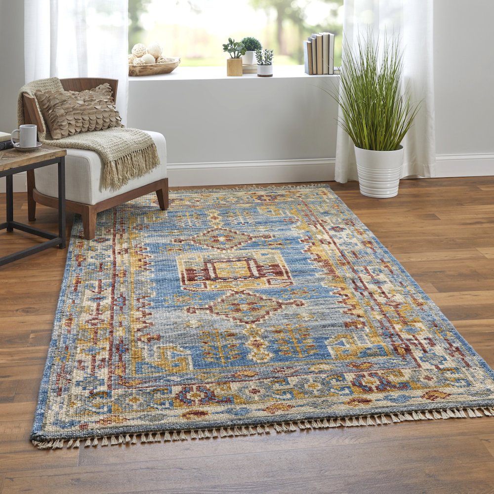 Fillmore Traditional Geometric, Blue/Yellow/Red, 4' x 6' Accent Rug. Picture 2