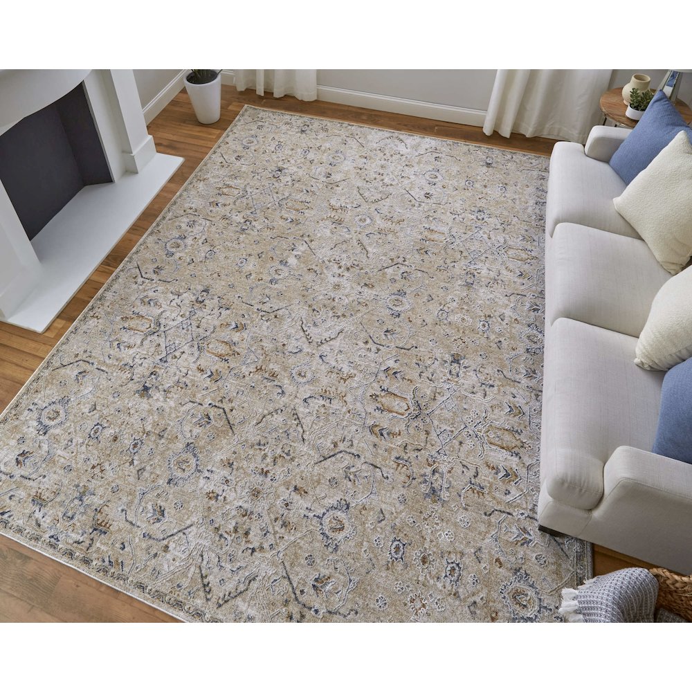 Pasha Transitional Distressed, Taupe/Ivory/Blue, 7'-10" x 10'-3" Area Rug. Picture 2