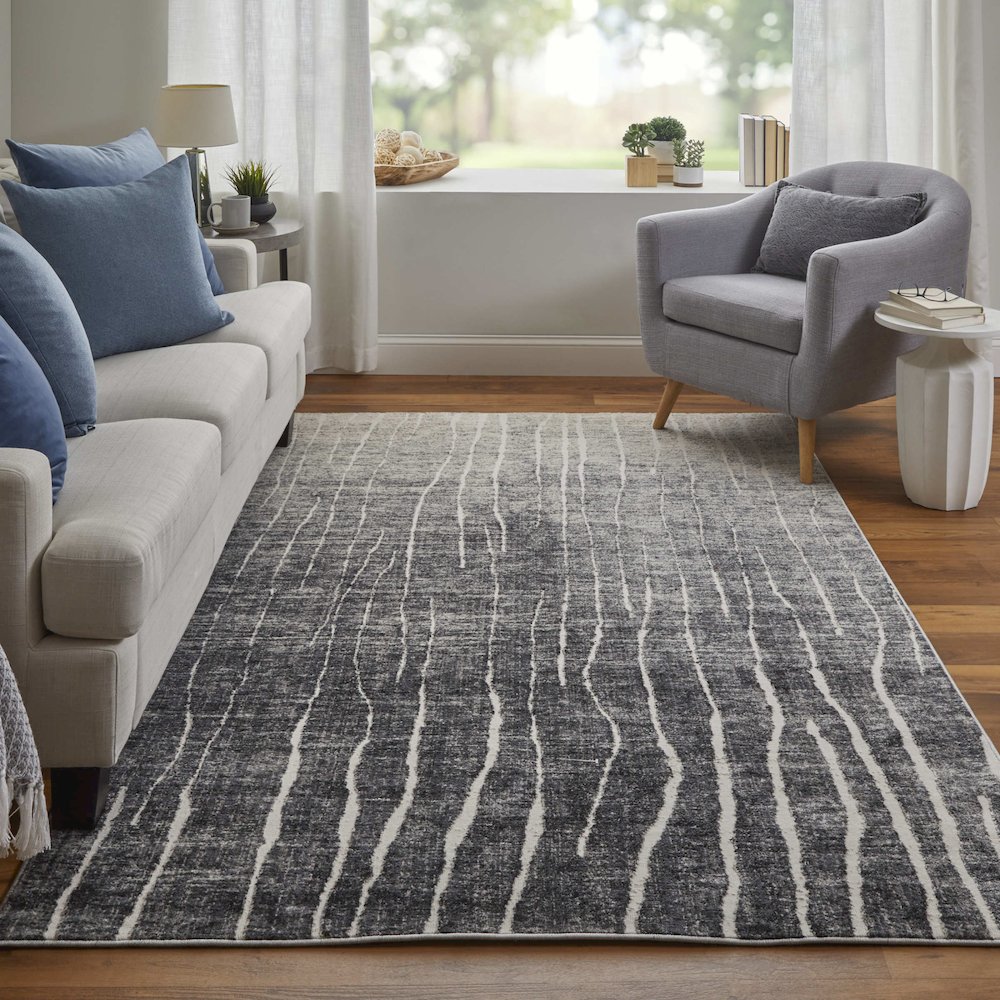 Kano Transitional Abstract, Black/Gray/Ivory, 4'-3" x 6'-3" Accent Rug. Picture 2