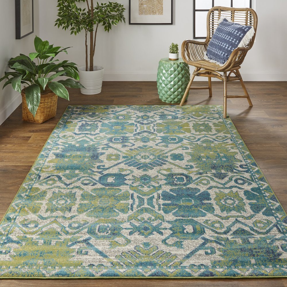 Foster Modern Style Slavic Kilim Rug, Citron Green/Teal/Tan, 10ft x 13ft-2in, FST3758FGRNBGEH13. Picture 2