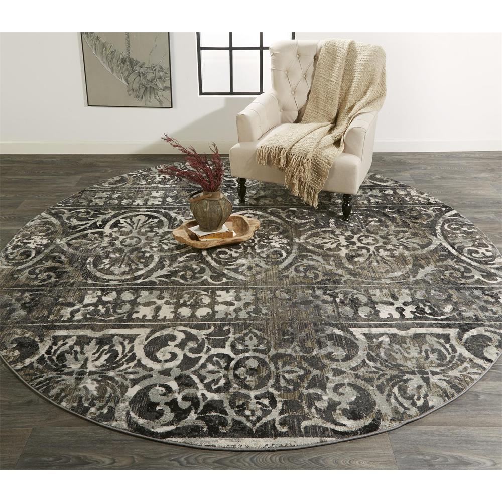 Kano Distressed Geometric FloralRug, Charcoal Gray, 8ft - 9in x 8ft - 9in Round, 8643871FCHLIVYN89. Picture 1
