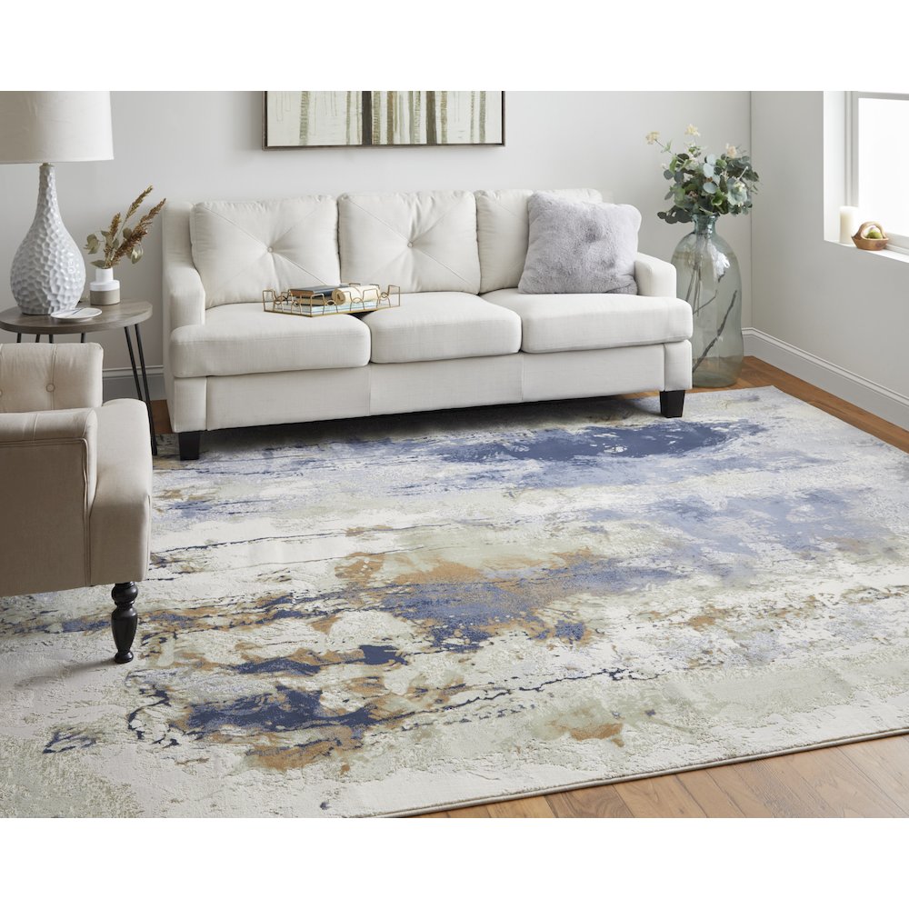 Clio Modern Abstract, Blue/Orange/Ivory, 7'-9" x 10' Area Rug. Picture 2