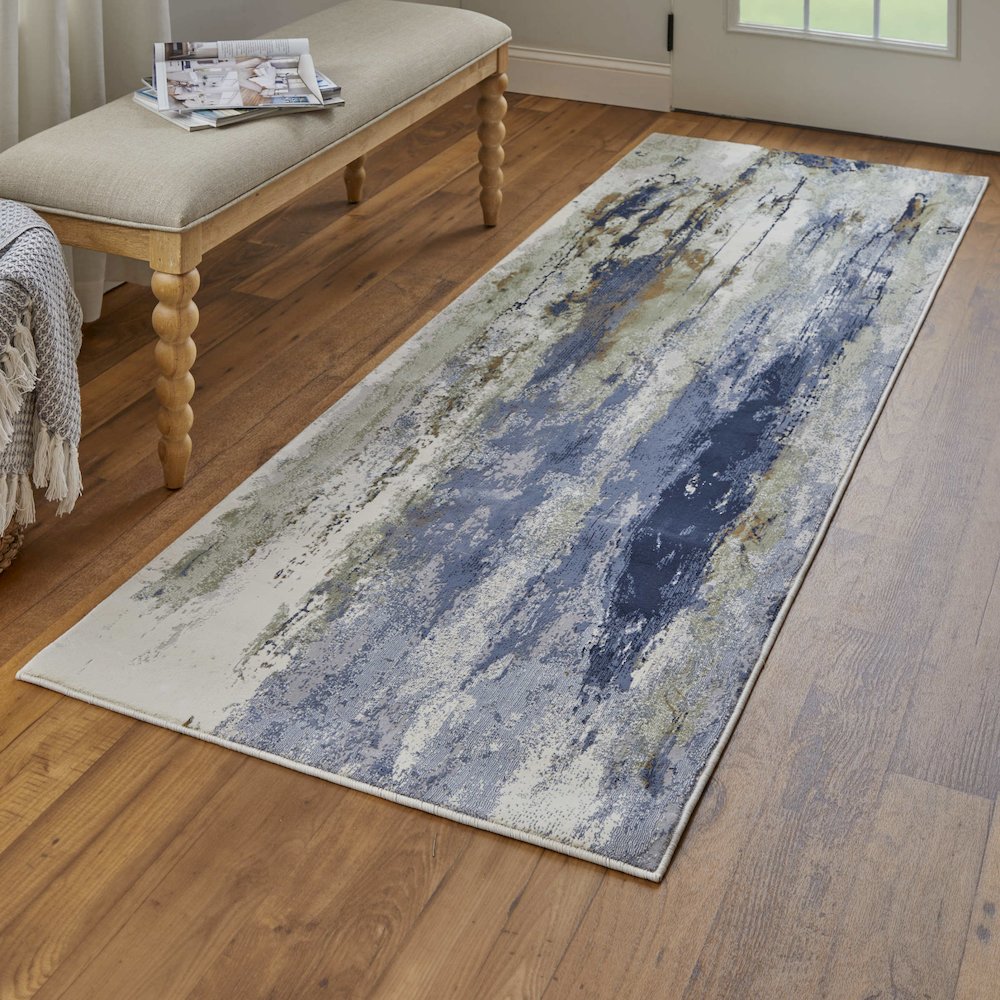 Clio Modern Abstract, Blue/Orange/Ivory, 2'-9" x 7'-10" RUNNER Runner. Picture 2