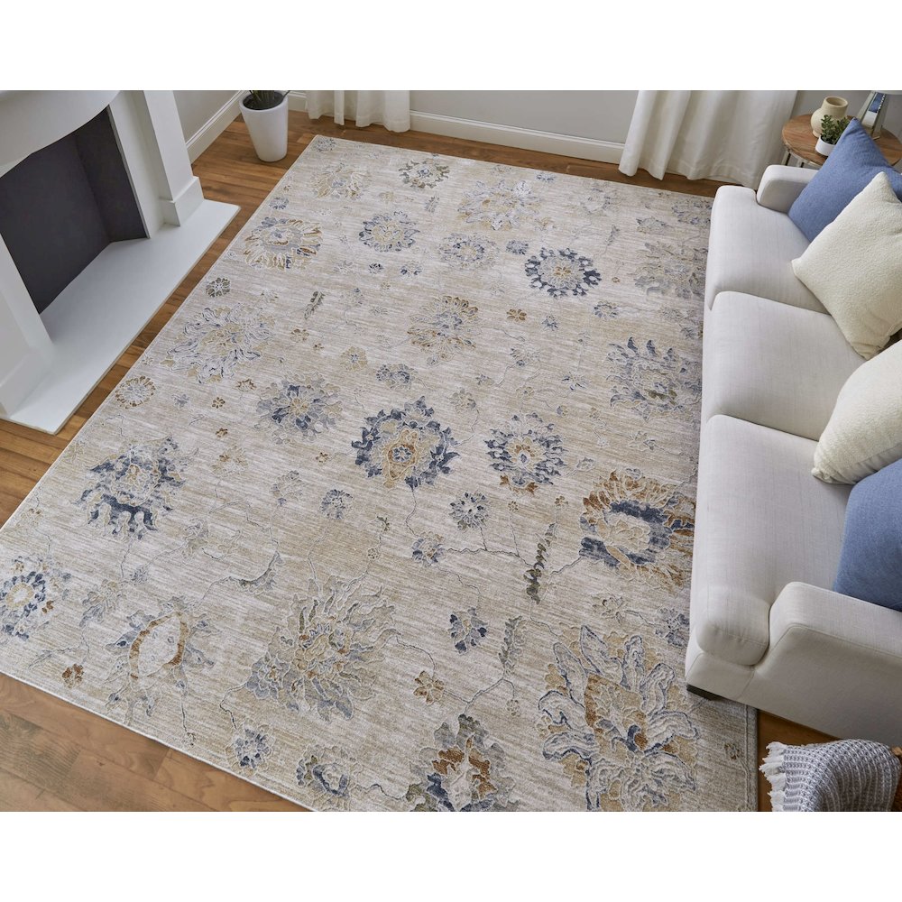 Pasha Transitional Floral & Botanical, Taupe/Ivory/Blue, 9'-0" x 12'-8" Area Rug. Picture 2