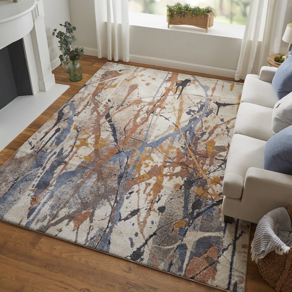 Gilmore Modern Watercolor, Blue/Orange/Gray, 5'-3" x 8' Area Rug. Picture 2