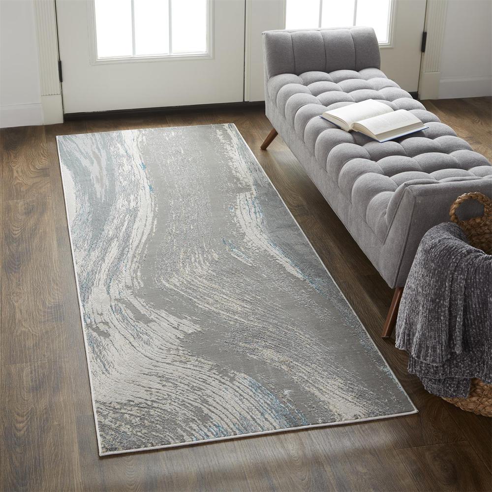Azure Modern Metallic Brush Stroke Area Runner, Silver/Teal, 2ft-10in x 7ft-10in, AZR3524FGRYSLVI71. Picture 1