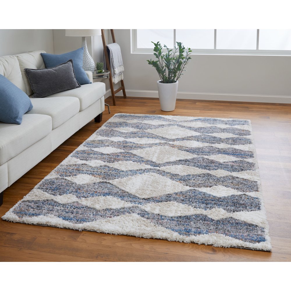 Mynka Transitional Diamond, Tan/Ivory/Blue, 5' x 8' Area Rug. Picture 2
