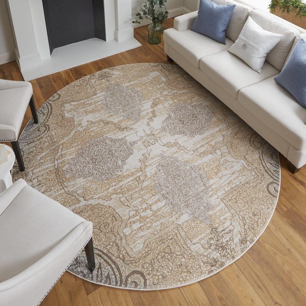 Celene Traditional Medallion, Silver/Tan/Gray, 7'-9" x 7'-9" Round Rug. Picture 2
