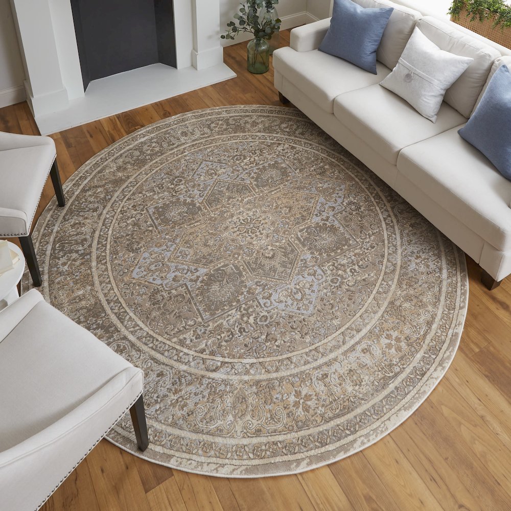 Celene Traditional Medallion, Tan/Brown/Ivory, 7'-9" x 7'-9" Round Rug. Picture 2