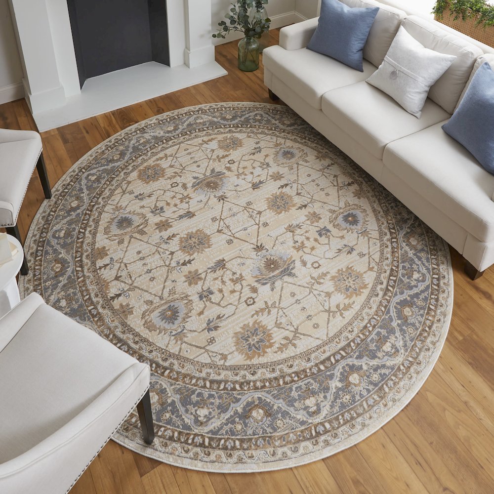 Celene Traditional Bordered, Tan/Ivory/Gray, 7'-9" x 7'-9" Round Rug. Picture 2