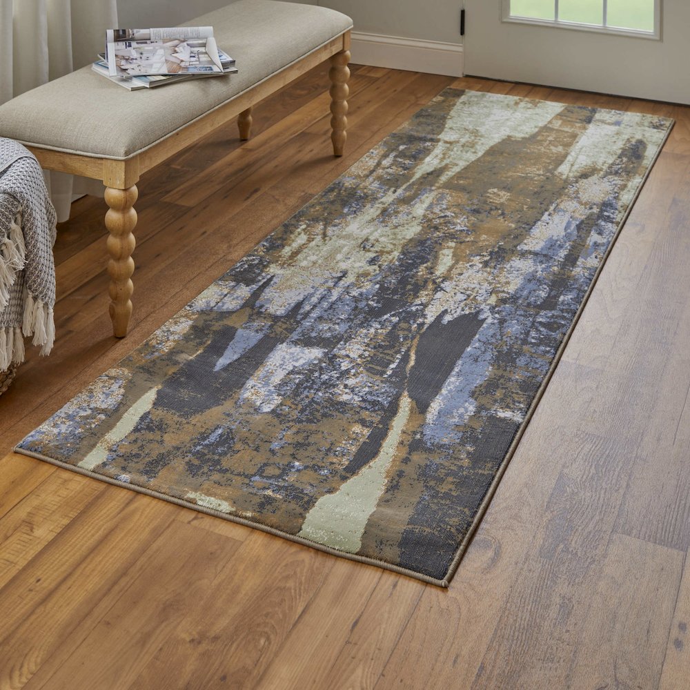 Clio Modern Abstract, Brown/Blue/Ivory, 2'-9" x 7'-10" Runner. Picture 2