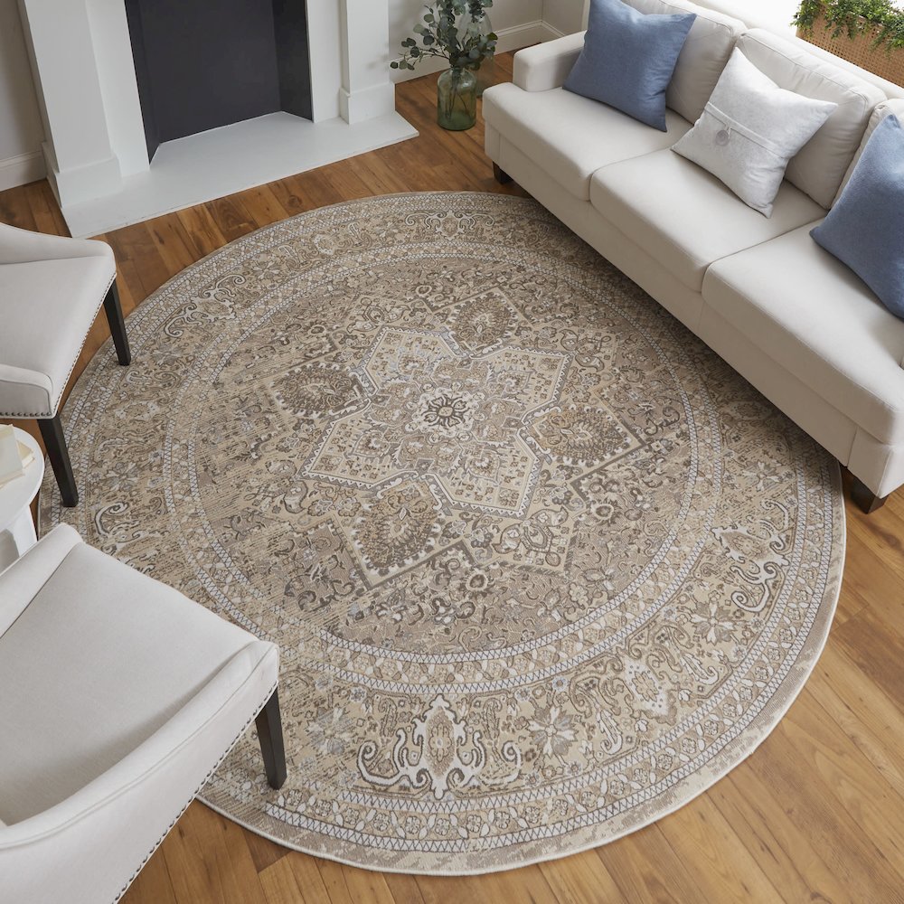 Celene Traditional Medallion, Brown/Ivory/Tan, 7'-9" x 7'-9" Round Rug. Picture 2