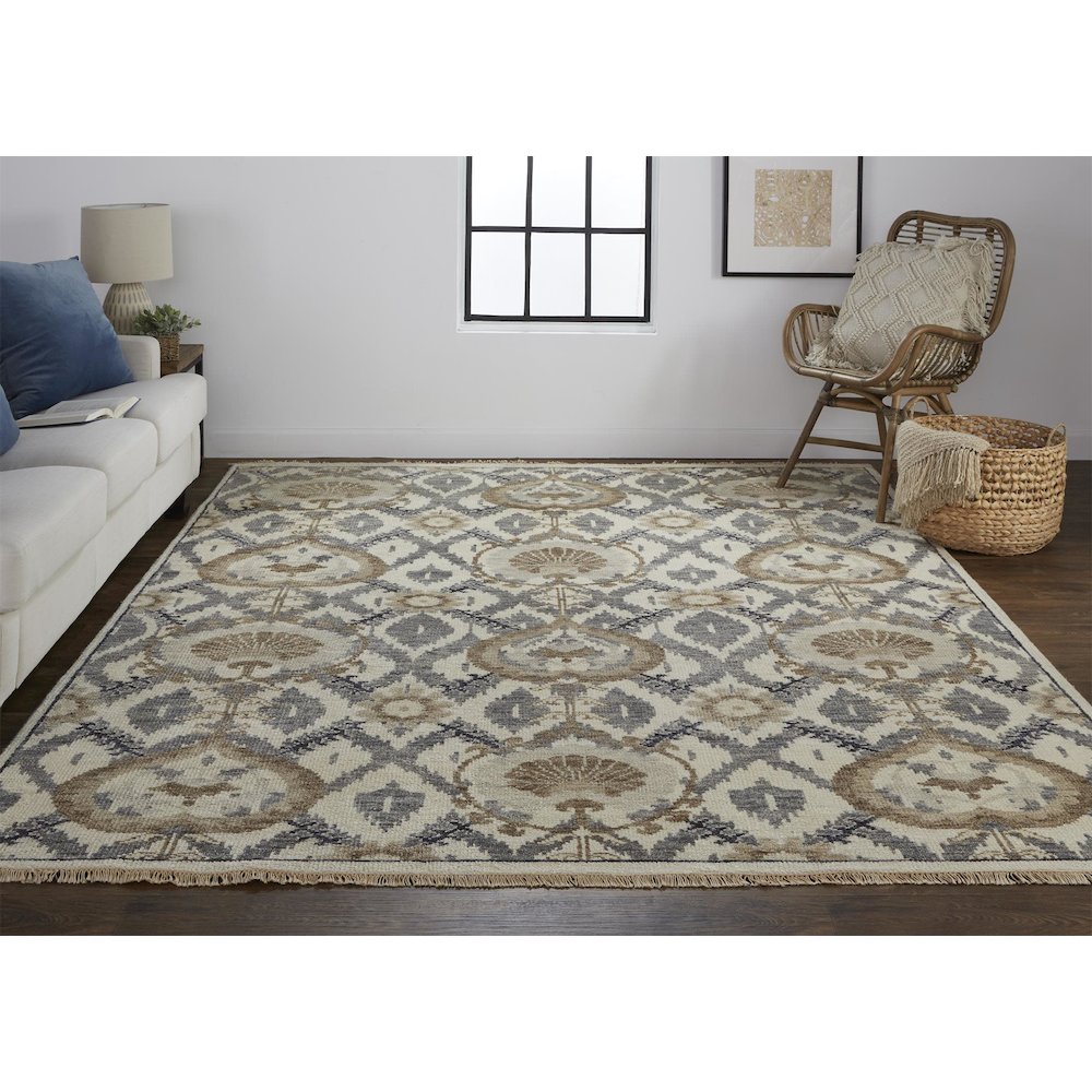 Beall Luxury Wool Rug, Ornamental Ikat, Beige, 5ft - 6in x 8ft - 6in Area Rug, BEA6712FGRYBRNE50. Picture 2