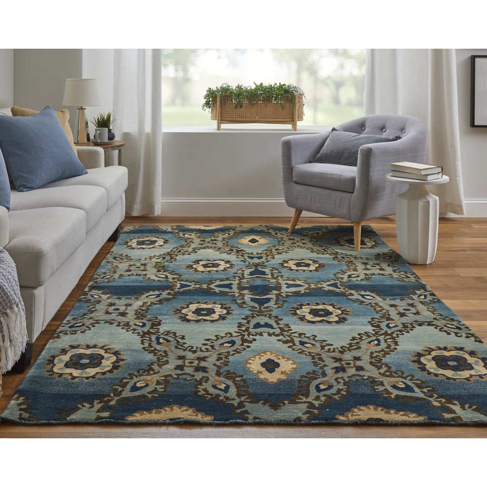 Amzad Transitional Ikat, Blue/Gray/Tan, 8'-6" x 11'-6" Area Rug. Picture 2