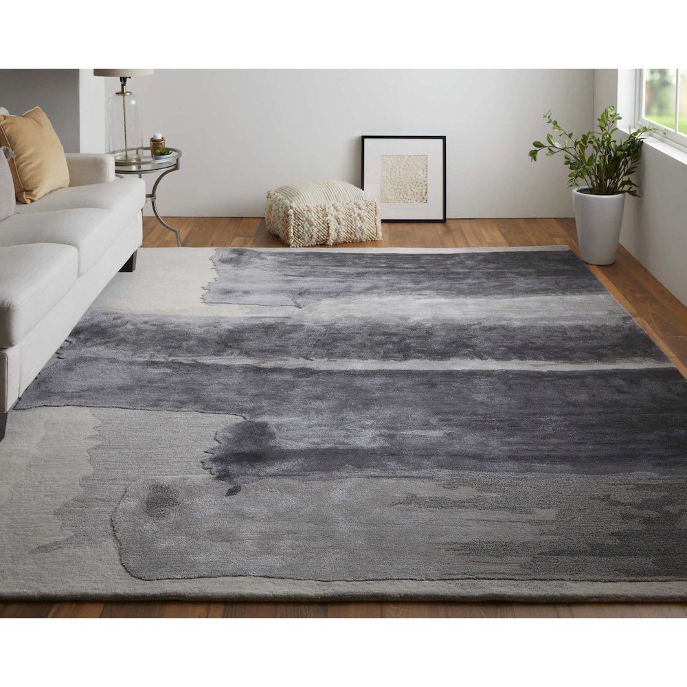 Anya Transitional Abstract, Gray/Blue/Ivory, 9' x 12' Area Rug. Picture 2