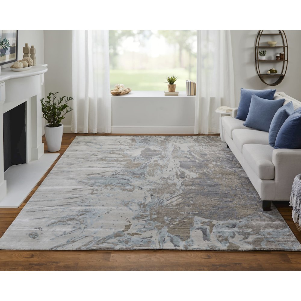 Zarah Modern Watercolor, Gray/Tan/Blue, 8' x 10' Area Rug. Picture 2