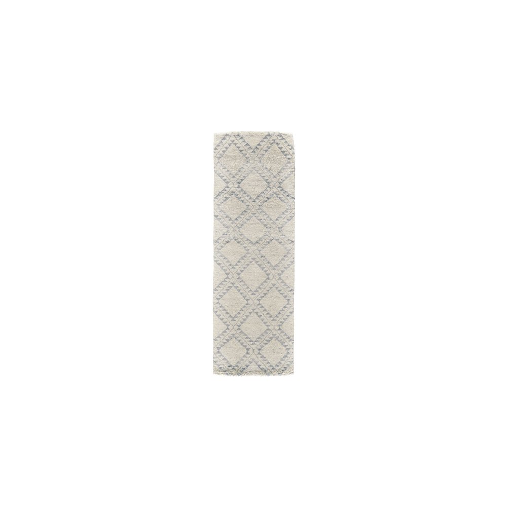 Abytha Diamond Hand Knot Wool Rug, Ivory/Blue/Gray, 2ft-6in x 8ft, Runner, 7316458FICE000I68. Picture 1