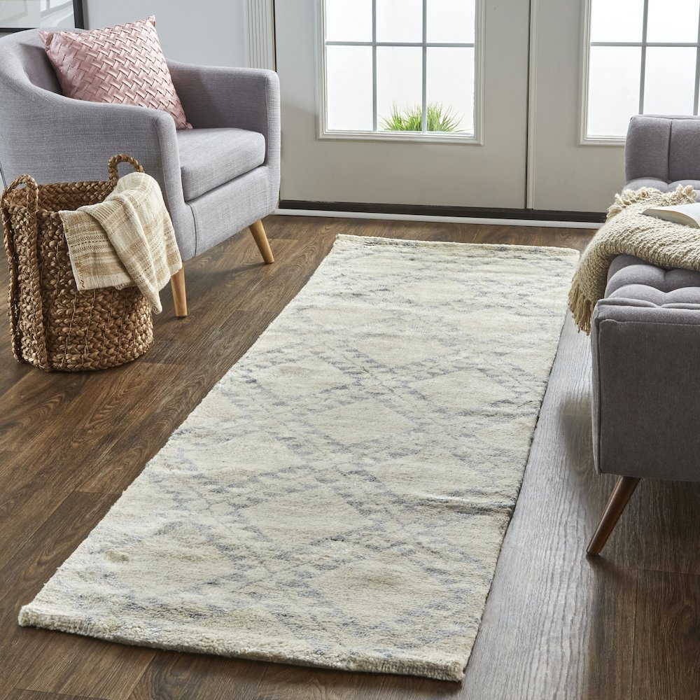 Abytha Diamond Hand Knot Wool Rug, Ivory/Blue/Gray, 2ft-6in x 8ft, Runner, 7316458FICE000I68. Picture 2