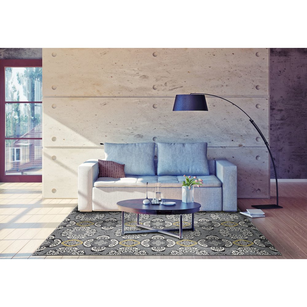 Bleecker Modern Damask, Ivory/Gray/Yellow, 10' x 13'-2" Area Rug. Picture 2