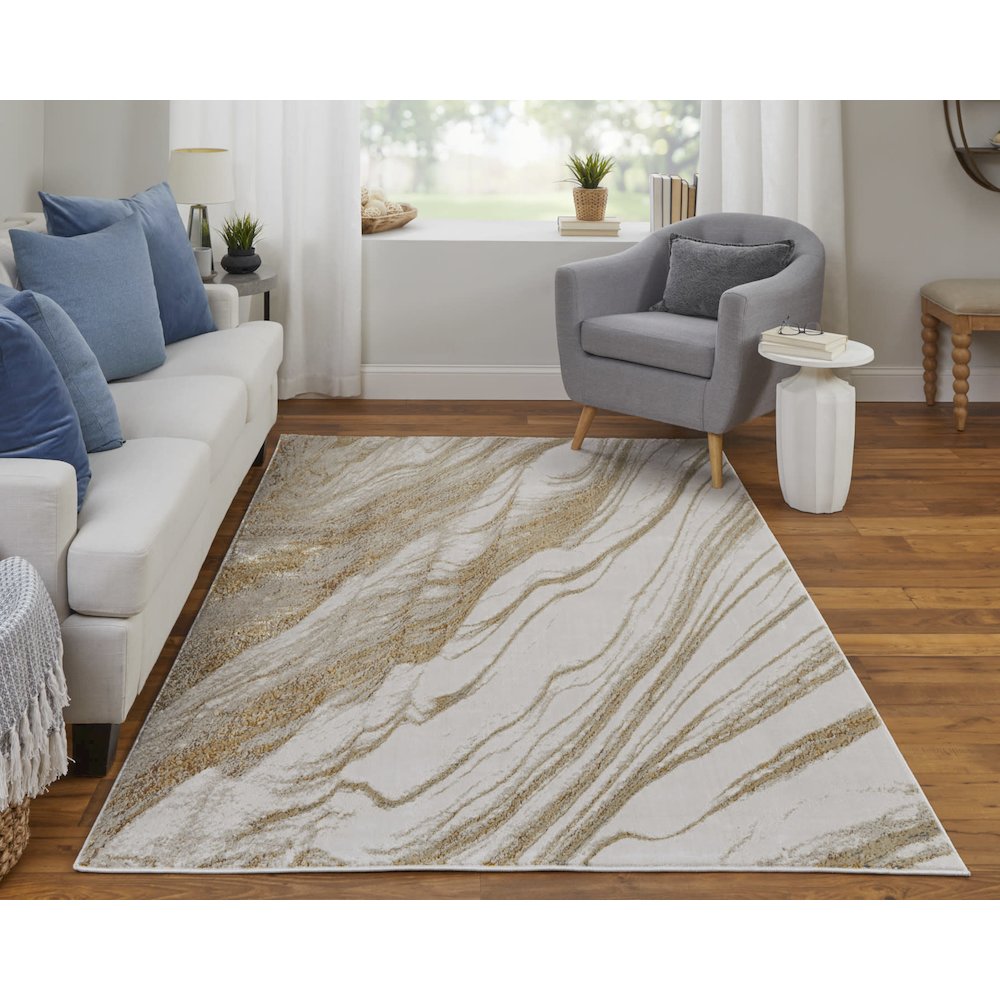 Aura Modern Abstract, Ivory/Taupe/Gold, 3'-11" x 6' Accent Rug. Picture 2