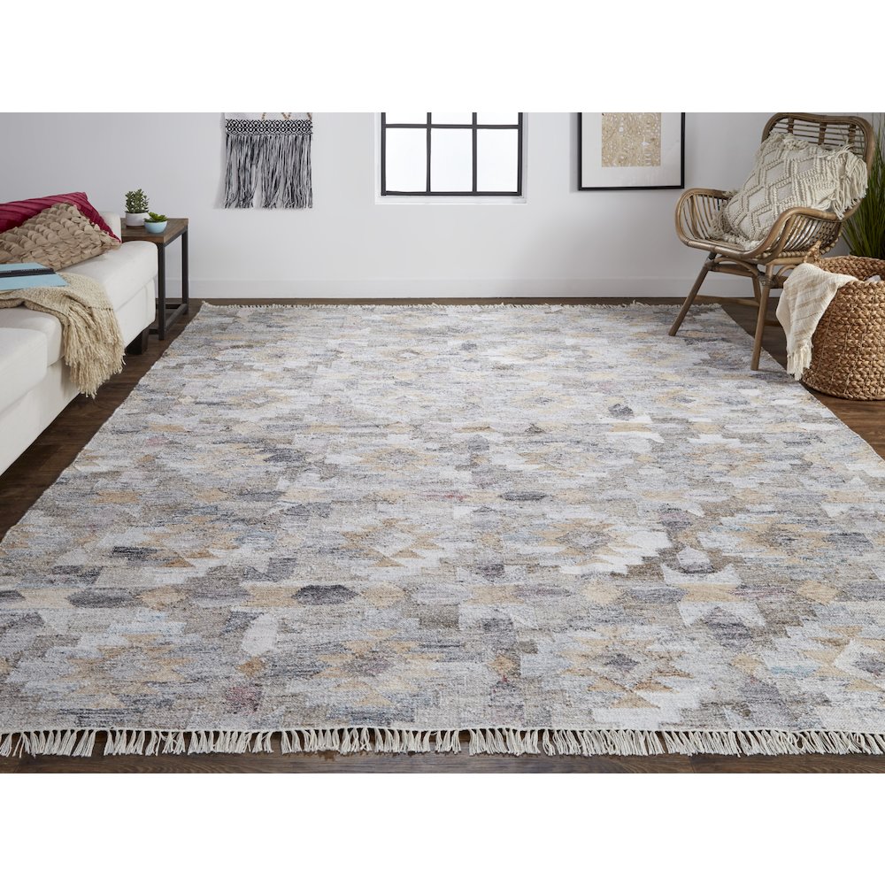 Beckett Eco Moroccan Ornamental Mosaic Rug, Blue/Tan/Brown, 5ft x 8ft Area Rug, 8900818FGRYMLTE10. Picture 2