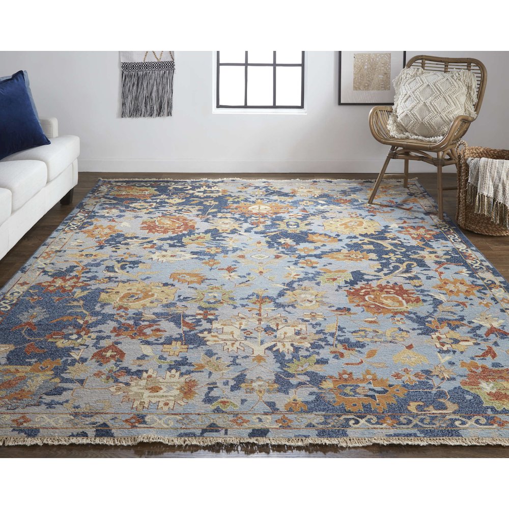 Leylan Transitional Floral & Botanical, Blue/Orange/Red, 5'-6" x 8'-6" Area Rug. Picture 2