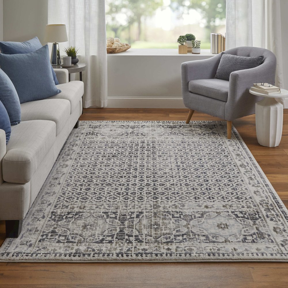 Kano Distressed Geometric Floral Area Rug, Charcoal Gray/Ivory, 12in x 13ft-9in, 8643874FGRYIVYH14. Picture 2
