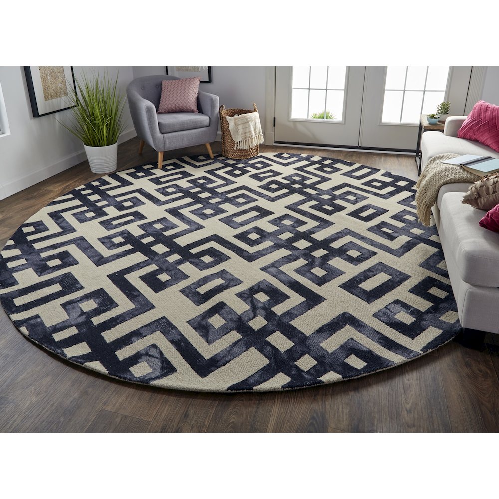 Lorrain Tufted Greek Key Wool Rug, Noir Black, 10ft x 10ft Round, 6108568FNOR000N95. Picture 2