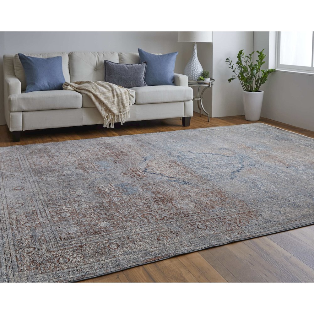 Marquette Transitional Medallion, Blue/Red/Gray, 9'-6" x 12'-7" Area Rug. Picture 2