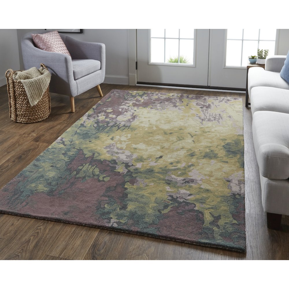 Amira Modern Watercolor Rug, Eggplant/Lodon Green/Gold, 9ft x 12ft Area Rug, AMI8633FPURGRNG00. Picture 2