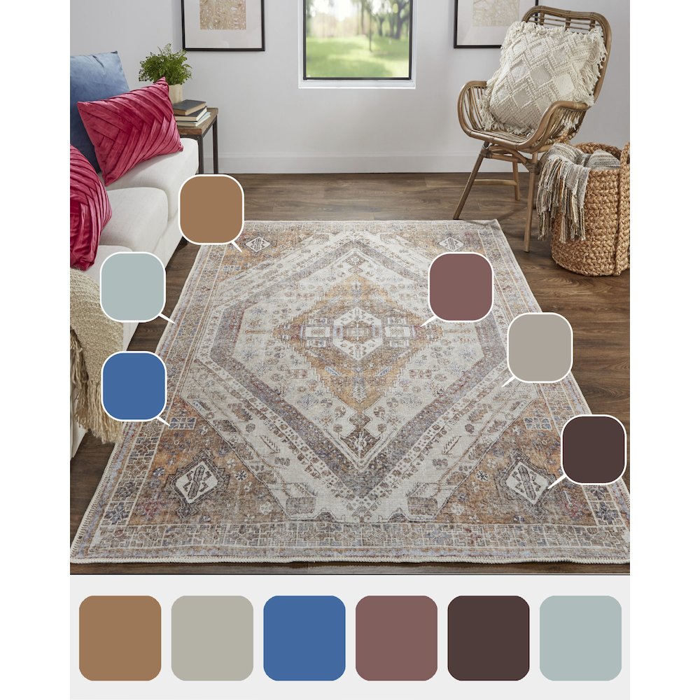 Percy Vintage Medallion Rug, Terracotta/Country Blue, 4ft x 6ft Accent Rug, PRC39ANFTAN000C00. Picture 7