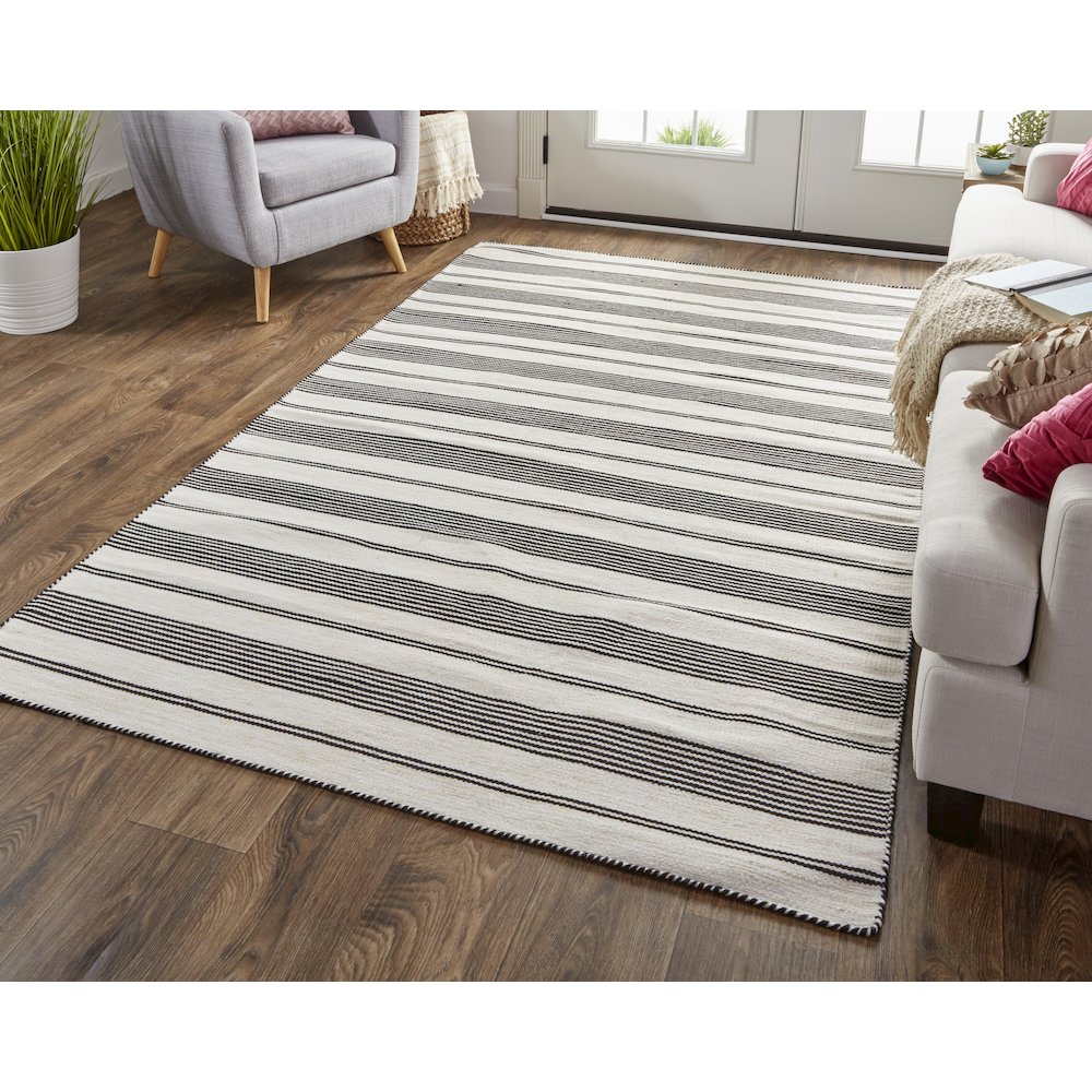 Duprine Transitional Stripes, Black/White/Ivory, 10' x 14' Area Rug. Picture 2