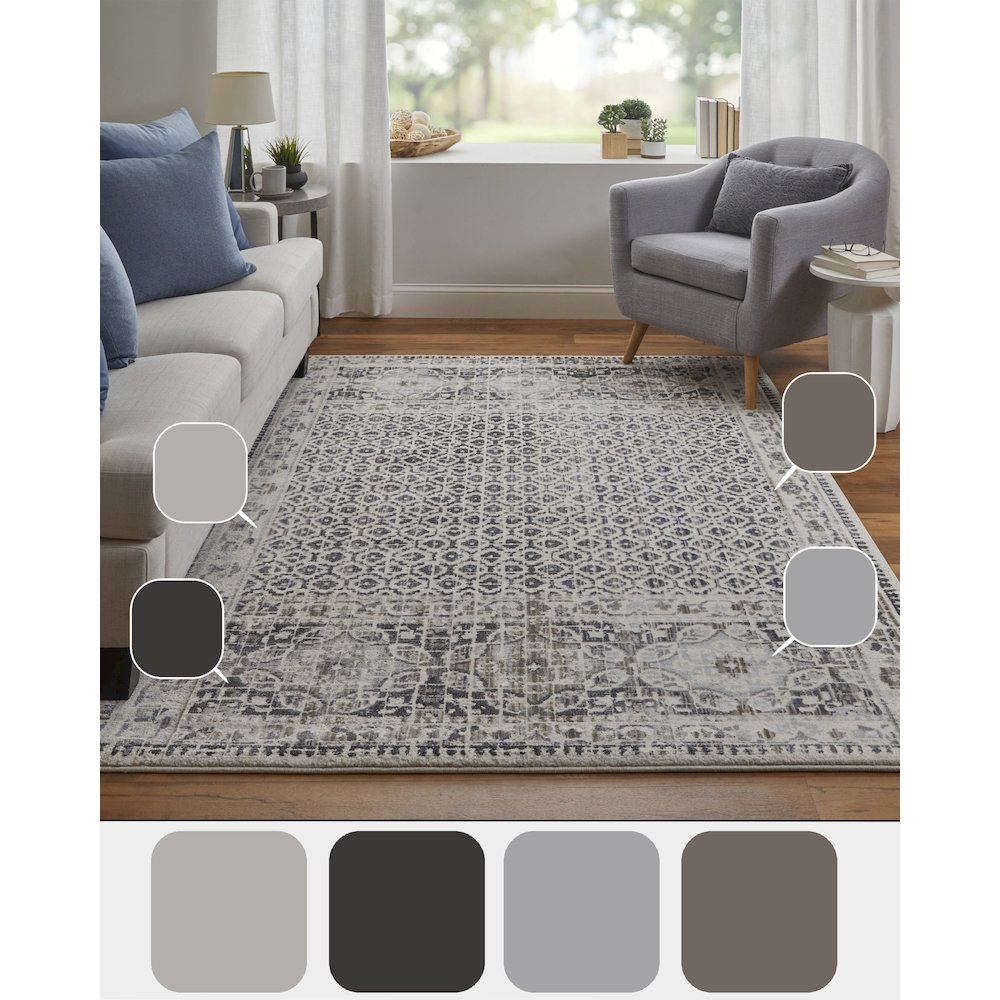 Kano Distressed Geometric Floral Area Rug, Charcoal Gray/Ivory, 12in x 13ft-9in, 8643874FGRYIVYH14. Picture 9