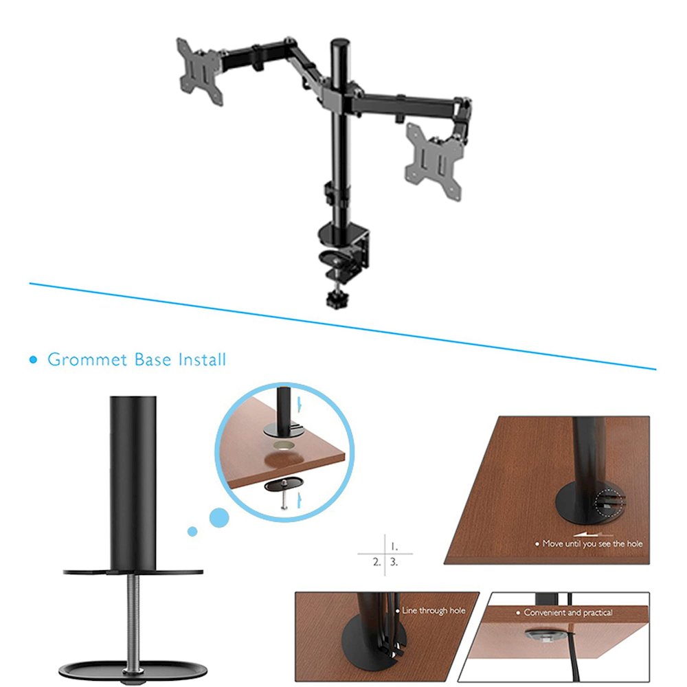 Rocelco Premium Desk Computer Monitor Mount - VESA pattern Fits 13" - 27" LED LCD Dual Flat Screen - Double Articulated Full Motion Adjustable Arm - Grommet and C Clamp - Black (R DM2). Picture 5