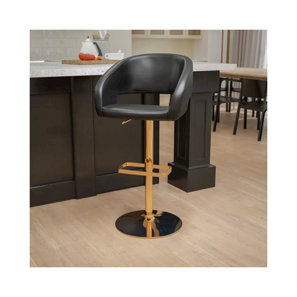 Contemporary Black Vinyl Adjustable Height Barstool with Rounded Mid-Back and Gold Base. Picture 2