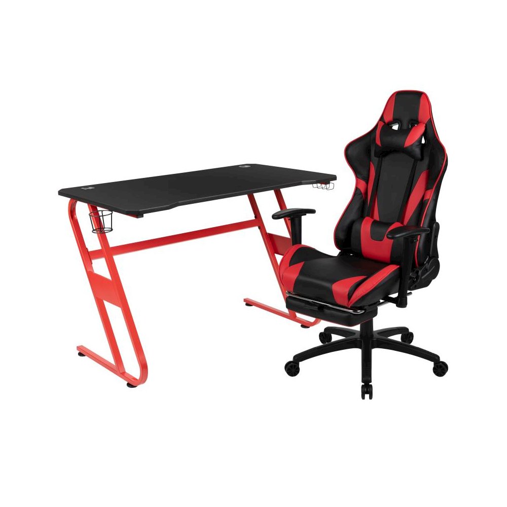 Red Gaming Desk and Red/Black Footrest Reclining Gaming Chair Set with Cup Holder and Headphone Hook. Picture 1