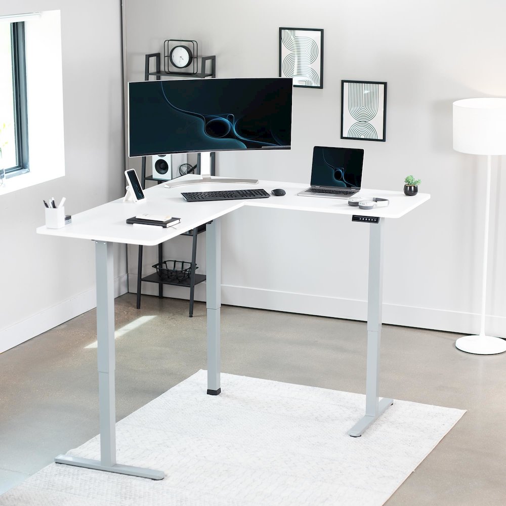 Height Adjustable 63 x 55 inch Corner Stand Up Desk. Picture 2