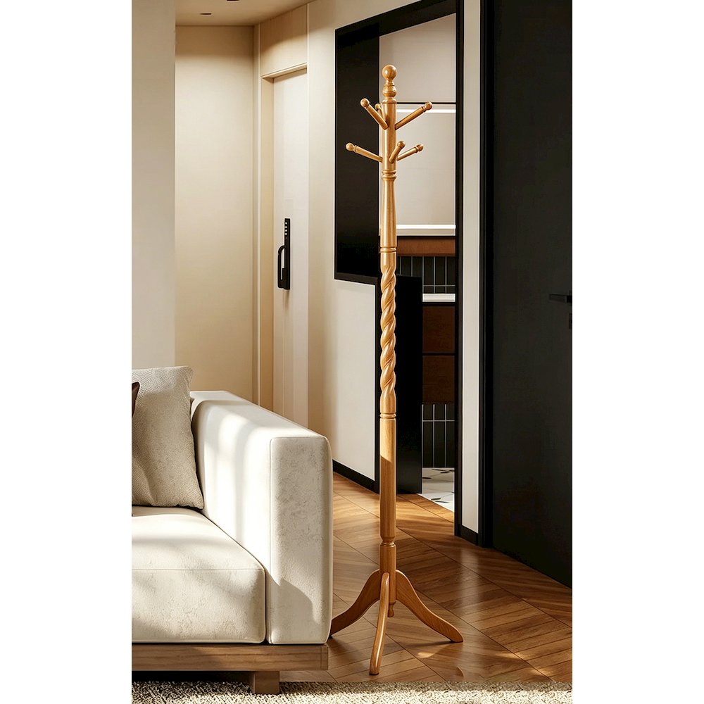 71.5"in FREE STANDING TWIST OAK WOODEN COAT RACK. Picture 2