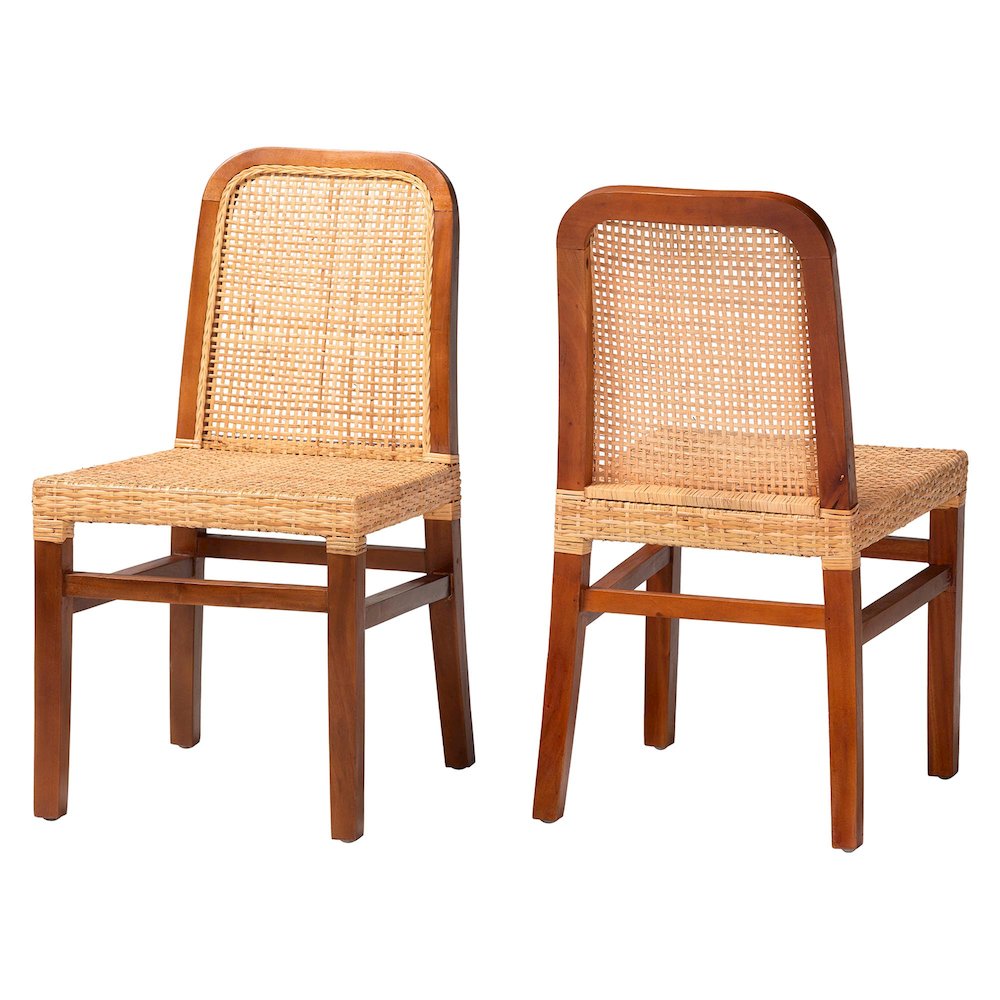 Walnut Brown Mahogany Wood and Natural Rattan 2-Piece Dining Chair Set. Picture 1
