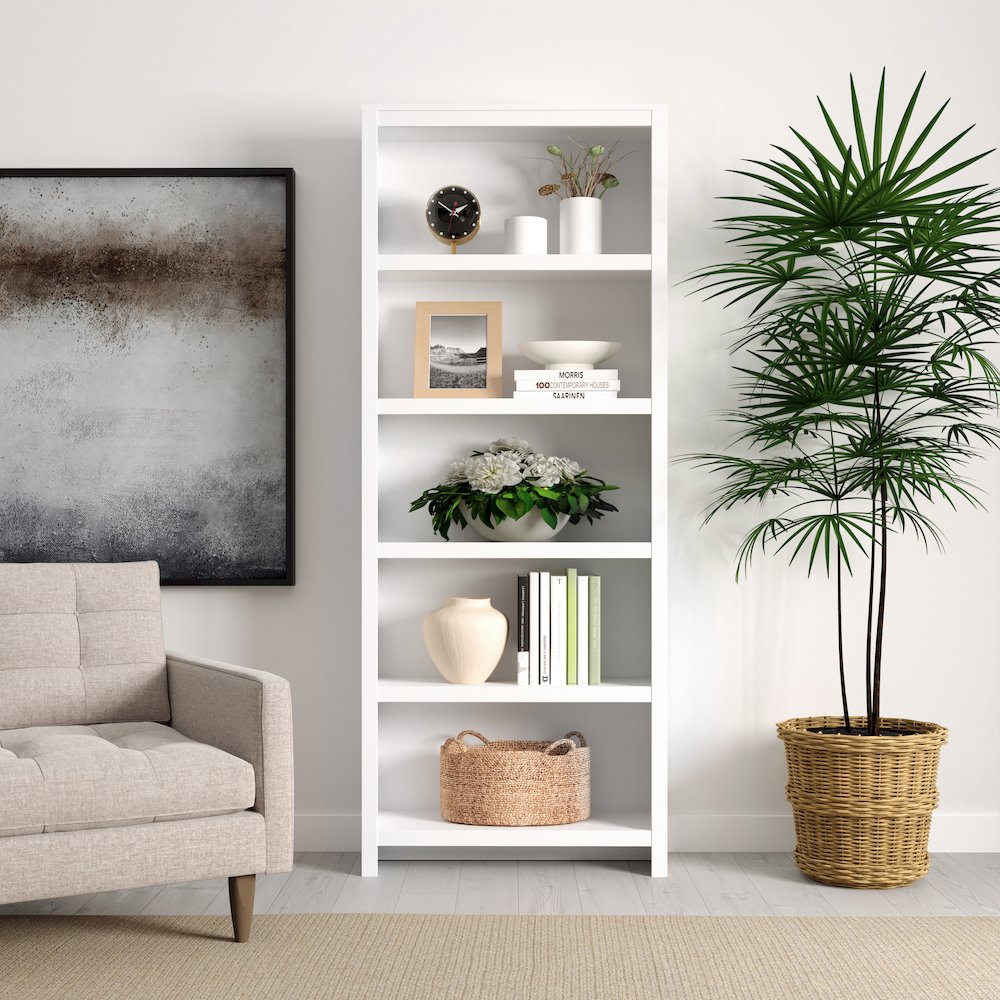 Moda 5-Tier Tall Bookcase White Engineered Wood Bookshelf with Storage. Picture 4