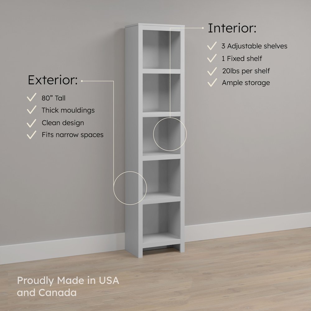 Moda 80" Tall 5-Tier Narrow Bookcase in White with 5 Shelves. Picture 8