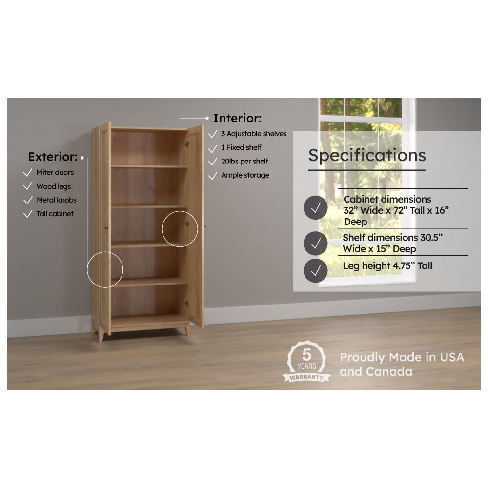 Yaletown 72" Tall Storage Cabinet in Natural Oak with Solid Wood Legs. Picture 7