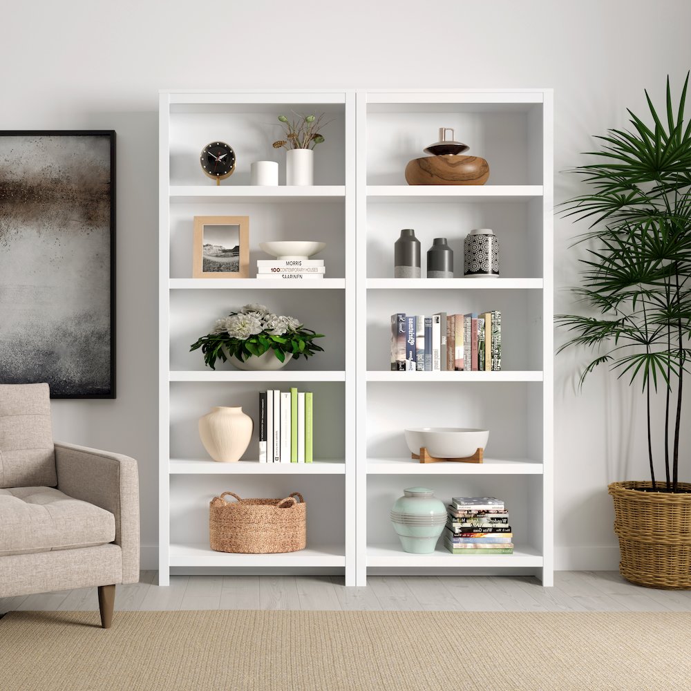 Moda 5-Tier Tall Bookcase White Engineered Wood Bookshelf with Storage. Picture 8